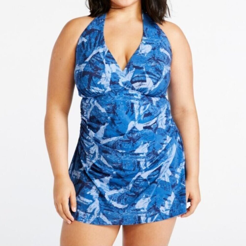 L.L. Bean Blue Halter Neck Shaping Clasp Closure One Piece Swimsuit w skirt 10R